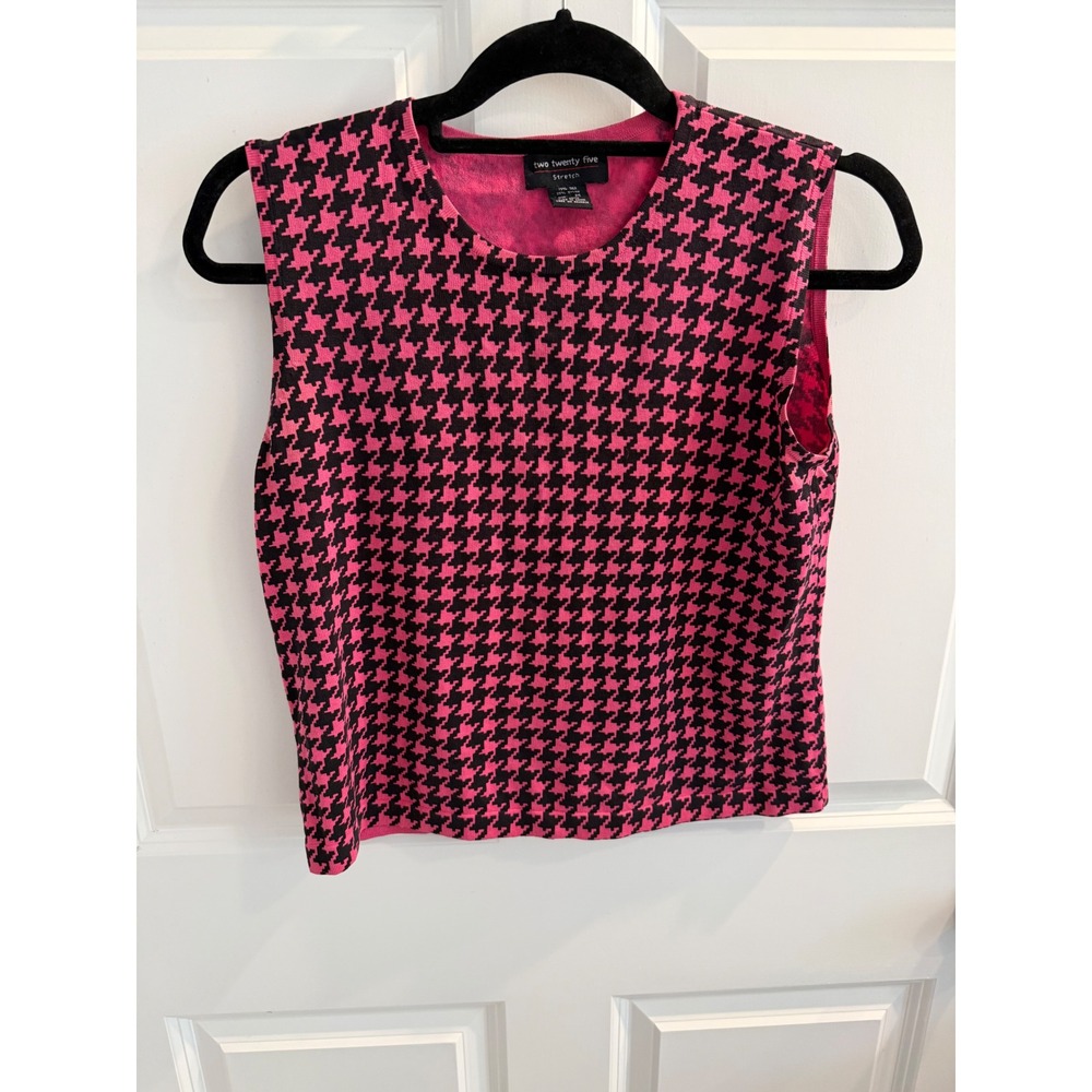 Two Twenty Five Pink Black Houndstooth Silk Blend Sleeveless Knit Shell Women M